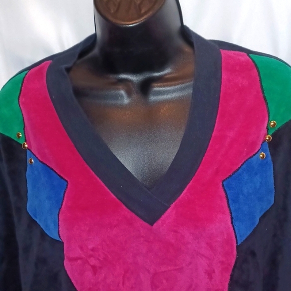 YS Sport VTG Women's Sz XL Black Pink Green Color Block Velour Lounge Sweatshirt - Picture 2 of 5